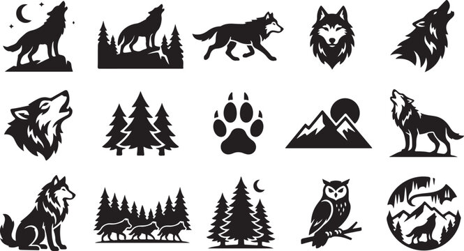Set of black wolf silhouettes and wild nature forest elements for logo design and wildlife art