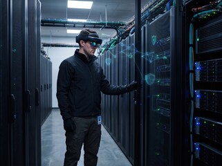 Fototapeta premium Engineer scanning server rack with augmented reality security overlays
