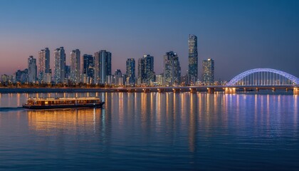 Obraz premium Skyline of Seoul city at night with illuminated skyscrapers and cruise boat on Han River, South Korea