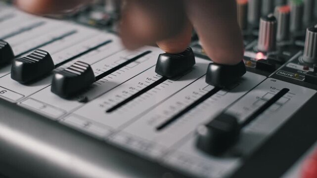 Macro front shot of a hand adjusting volume faders upward on a professional sound mixing console. Focus is placed on the smooth motion of the black fader knobs over the decibel markings.