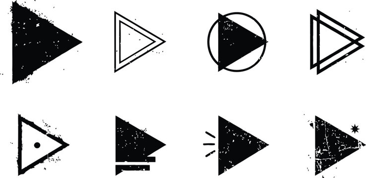 Collection of play button and arrow icons with grunge and abstract styles.
