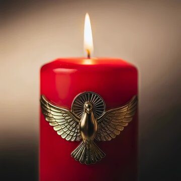 Burning red candle with golden dove emblem as christian religious symbol. Prayer light for church ritual, holy spirit icon, meditative faith and worship peace.