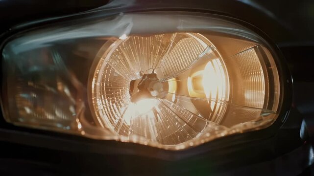 Cracked headlight flickering close-up on dark vehicle front, built for car damage, night driving risk, repair service, insurance claims, road safety, breakdown warning, and accident prevention use