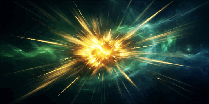 Abstract glowing star burst radiating golden rays amidst green deep space cloud with explosion supernova universe