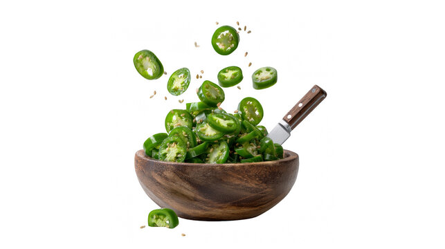 Fresh green sliced jalapeno pepper rings falling into a rustic wooden bowl on transparent background