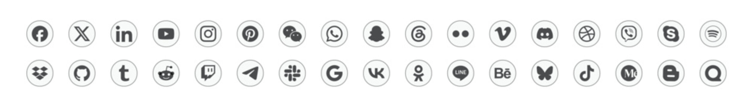 Social media icons set featuring popular internet platforms and communication application logos in minimalist circular vector illustration format