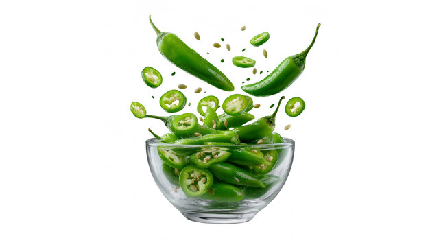 Fresh green serrano chili peppers floating above a glass bowl of sliced spicy ingredients on transparent background