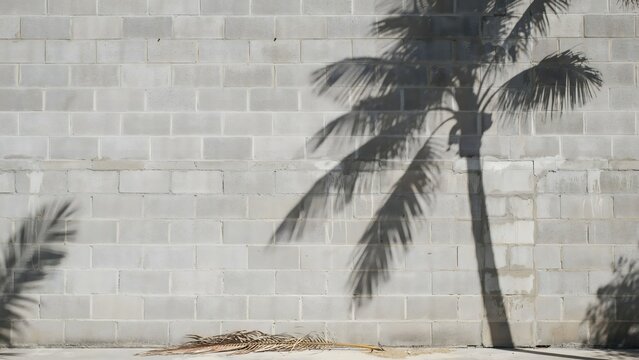 Tall palm tree with long shadow cast on gray brick wall in bright sunlight