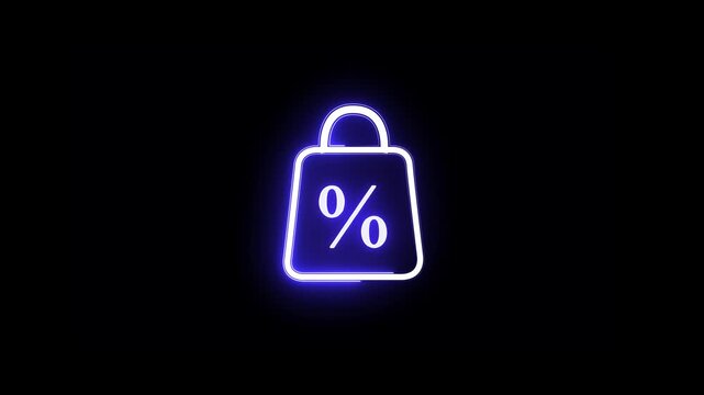Neon shopping bag with percentage sign glowing animation for retail sales and e-commerce marketing discount e-business, neon, sale, discount marketing light shopping retail store, offer, percentage.