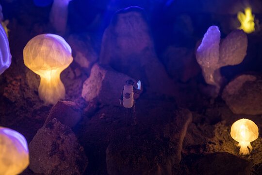 Abstract Miniature of Another Planet with Giant Glowing Mushrooms. A Nighttime Scene on an Alien World, Illuminated by the Soft Glow of Otherworldly Fungi.