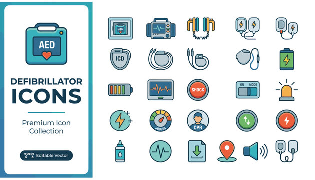 Flat defibrillator icons set for medical and emergency use