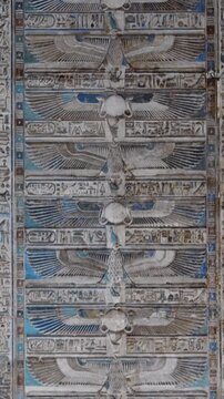 Dendera temple or Temple of Hathor. Painted columns with goddess faces and