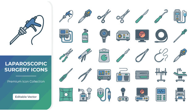 Laparoscopic surgery tools and equipment flat line icons set