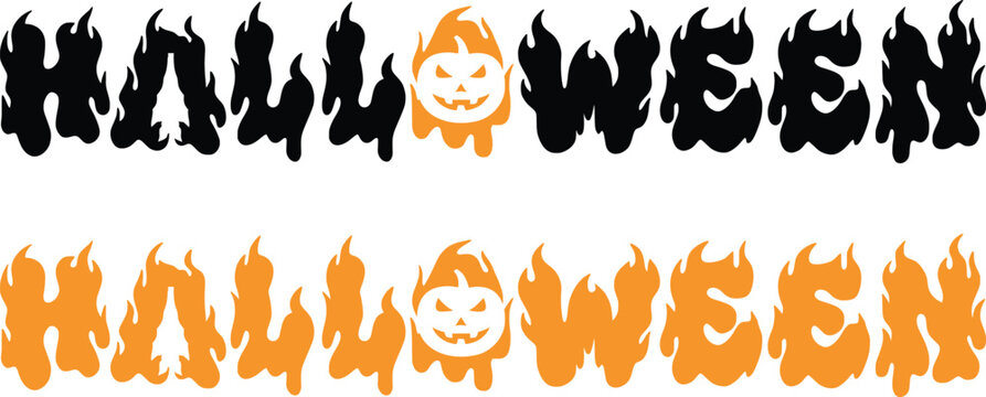 Halloween typography with flames and jack o lanterns spooky orange and black text