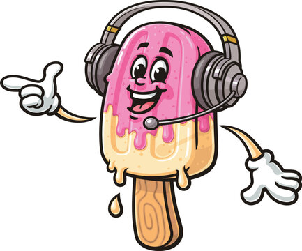 Popsicle cartoon mascot wearing headset or headphone