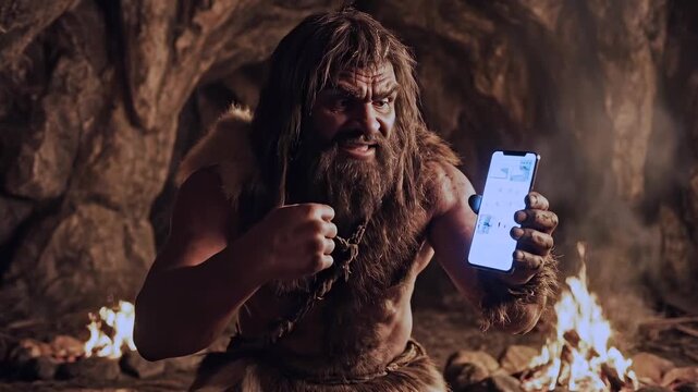 Male caveman explaining phone medium shot with intense face inside cave, built for idea briefing, business communication, planning confusion, report discussion, and digital transition satire