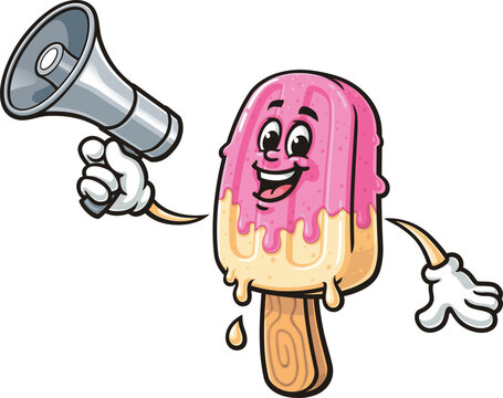 Popsicle cartoon mascot holding a megaphone or loudspeaker