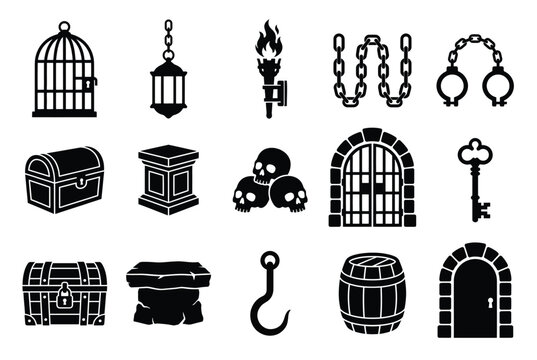 Set of dungeon and medieval adventure icons featuring keys, chests, skulls, and prison elements.