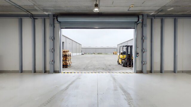 Spacious empty warehouse interior with open loading dock and forklift outside