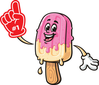 Popsicle cartoon mascot holding a giant foam finger