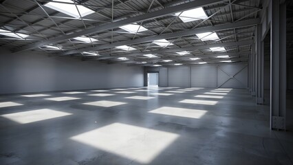 Obraz premium Spacious Empty Industrial Warehouse Interior with Natural Light and Steel Structure