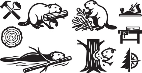 Fototapeta premium Set of black and white beaver icons with wood logs trees and carpentry tools for nature design