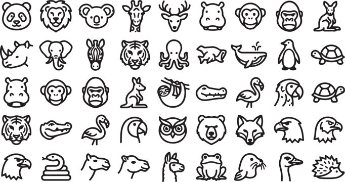 Set of wild animal face icons and creatures in simple black line art style