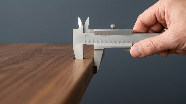 Close up shot of a carpenter hand using a stainless steel vernier caliper tool to measure the precise thickness of a walnut timber board.