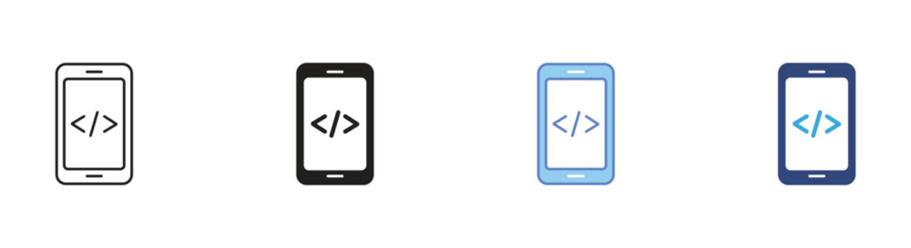 Mobile app development icon set, Smartphone coding symbols, App programming vector icons, Software development signs, Mobile code vector icons