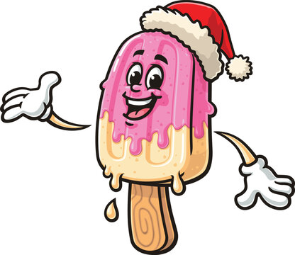 Popsicle cartoon mascot wearing a Christmas hat