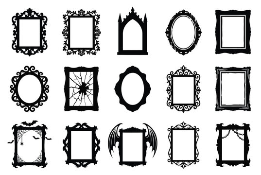 Collection of decorative gothic picture frames in black silhouette for spooky Halloween designs