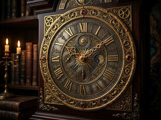 Obraz premium Antique Clock with Candles and Books in Background, Vintage Timepiece Decor