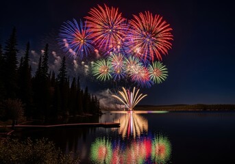 Obraz premium Bright fireworks exploding over a dark lake at night. Colorful pyrotechnic display reflection on water surface with forest silhouette. Celebration of Independence Day and New Year.
