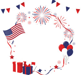 Obraz premium American Fourth of July Celebration Wreath Frame with Fireworks, Flag, Balloons, and Gifts for Independence Day Holiday Designs