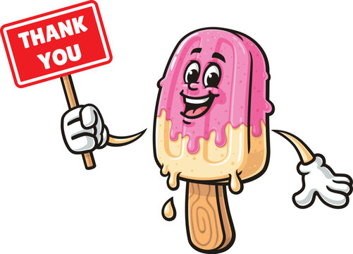 Popsicle cartoon mascot holding a thank you sign