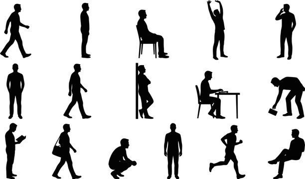 Collection of human silhouettes in various poses and activities on white background