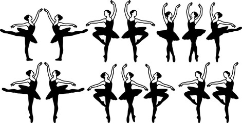 set of silhouettes of female ballet dancers in various poses on white background © Mollik