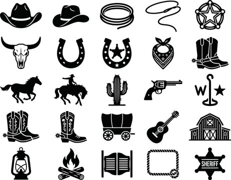 Black and white western themed icons including cowboy hats and boots  isolated on white background