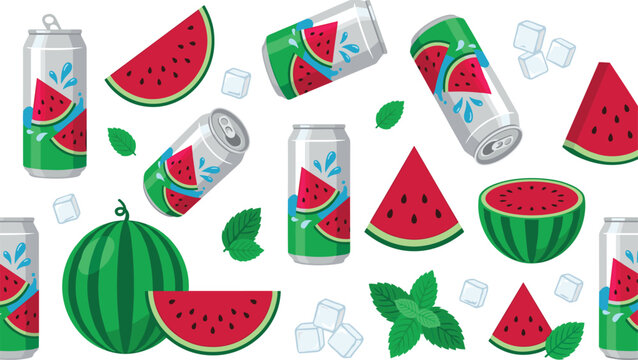 Refreshing Watermelon Soda Aluminum Can Mockup Set with Fresh Slices Mint Leaves and Ice Cubes for Summer Fruit Beverage Packaging Designs
