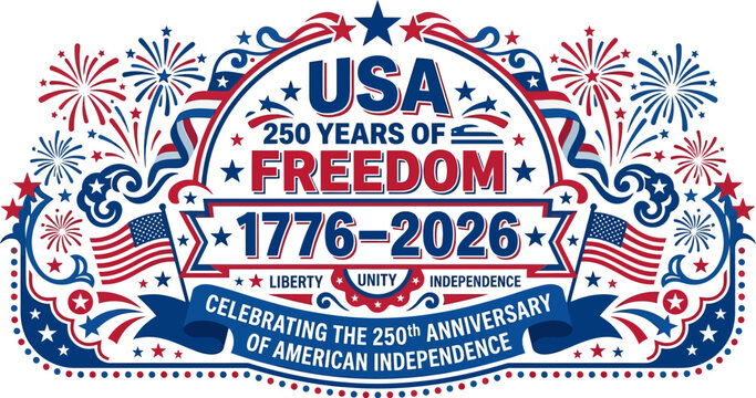 USA 250th anniversary of American independence celebration logo with fireworks and flags  patriotic design element