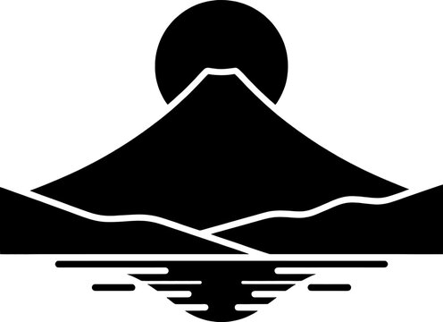 Mt Fuji landscape silhouette with rising sun and reflection in calm water vector