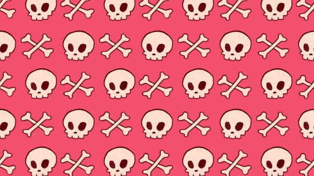 Looping seamless 2D cartoon animation pattern. Coral pink background with hand-drawn animated skulls and bones. Perfect for a Halloween stream waiting screen, screensavers or intro video.