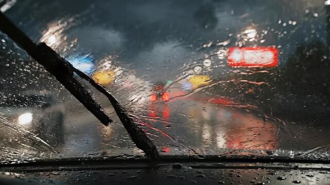 Windshield wipers clearing rain close-up from driver view with traffic lights through wet glass, built for storm driving safety, urban commute risk, weather hazard warnings, and travel delay coverage
