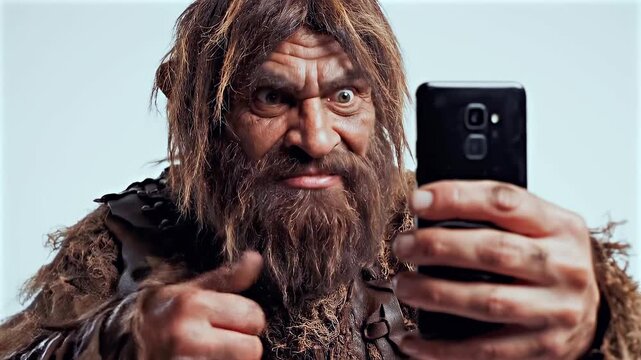 Male caveman presenting phone close-up toward camera with suspicious face on plain studio background, built for identity verification, privacy warning, app trust, and digital self display satire
