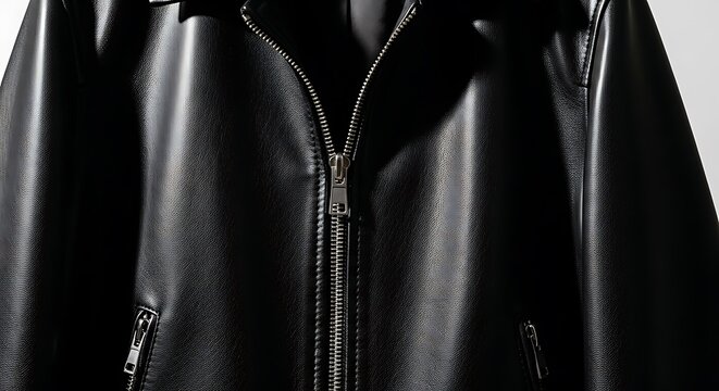 Black leather jacket close up detail.