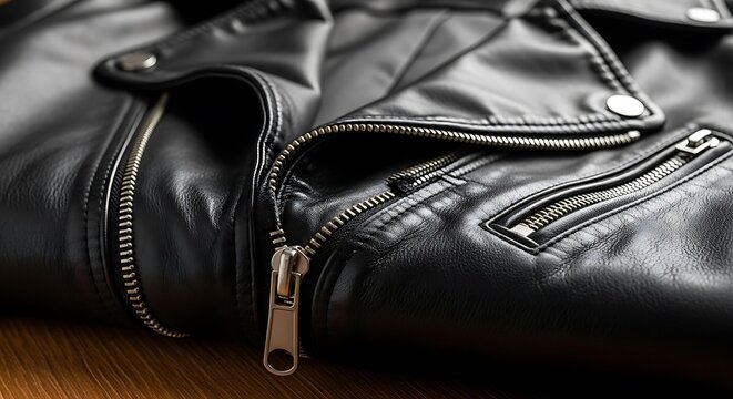 Close-up of black leather jacket zipper.