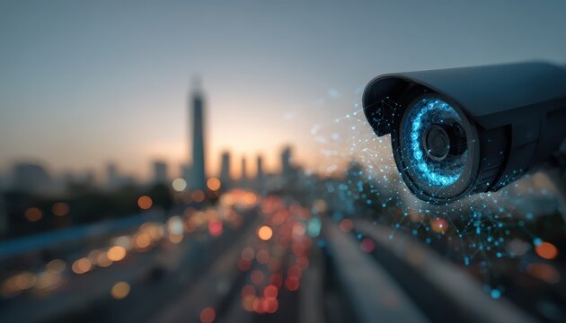 Advanced AI surveillance camera with digital network overlay monitoring a smart city at dusk