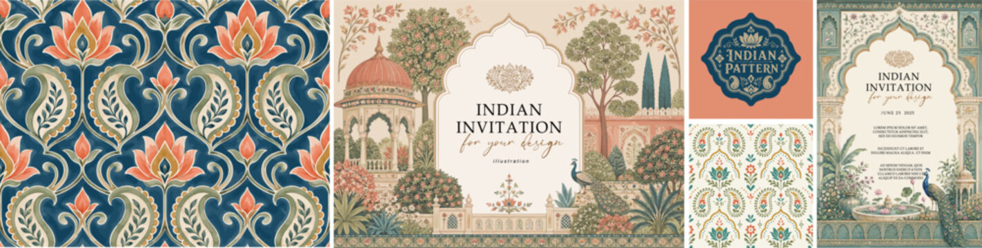 Indian invitation and pattern set with Mughal garden arches, peacock, lotus paisley, floral tiles, ornate borders and elegant wedding stationery vector design