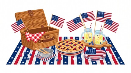 Obraz premium Wicker picnic basket with berry pie and lemonade glasses decorated with american flags for a festive fourth of july celebration
