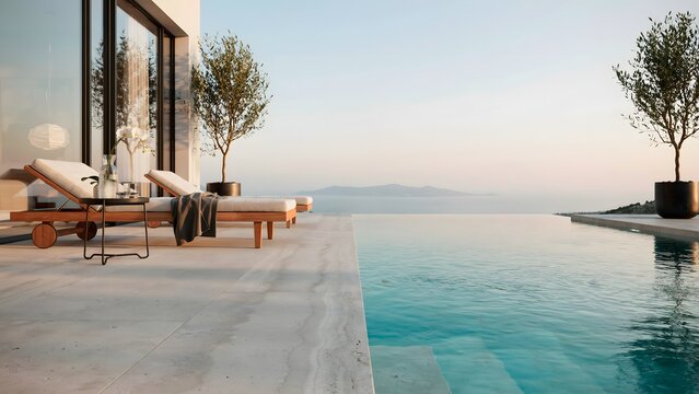 Modern outdoor poolside area with lounge chairs overlooking serene water